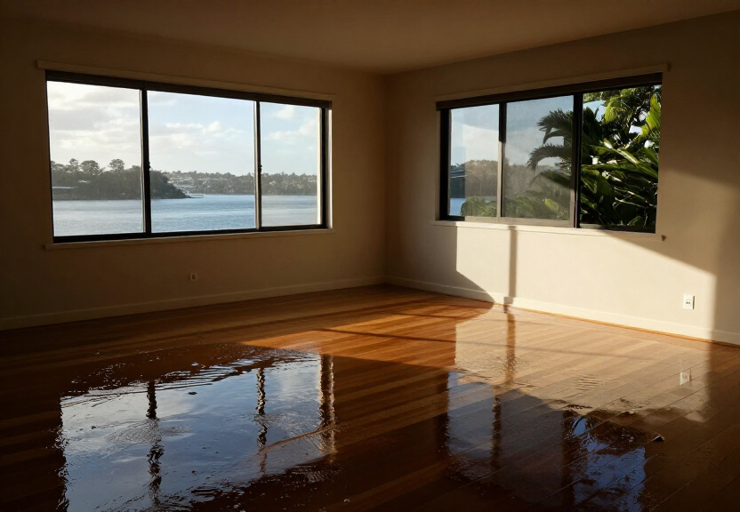 Flood-damaged living room in Casula before restoration